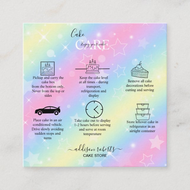 Elegant Glam Iridescent Sparkle Cake Care  Square  Square Business Card (Front)