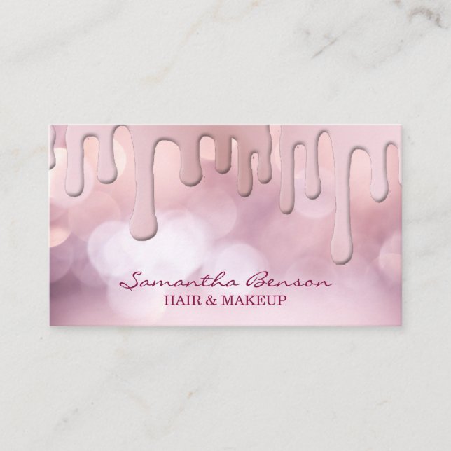 Elegant glam makeup hair blush pink glitter drips business card (Front)