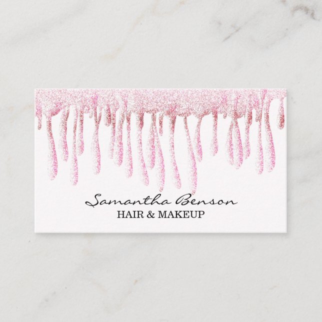 Elegant glam makeup hair blush pink glitter drips business card (Front)