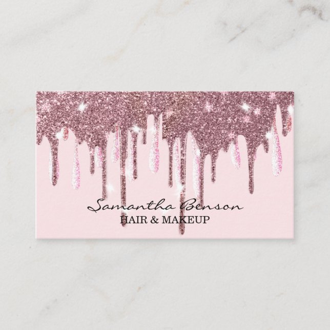 Elegant glam makeup hair blush pink glitter drips business card (Front)