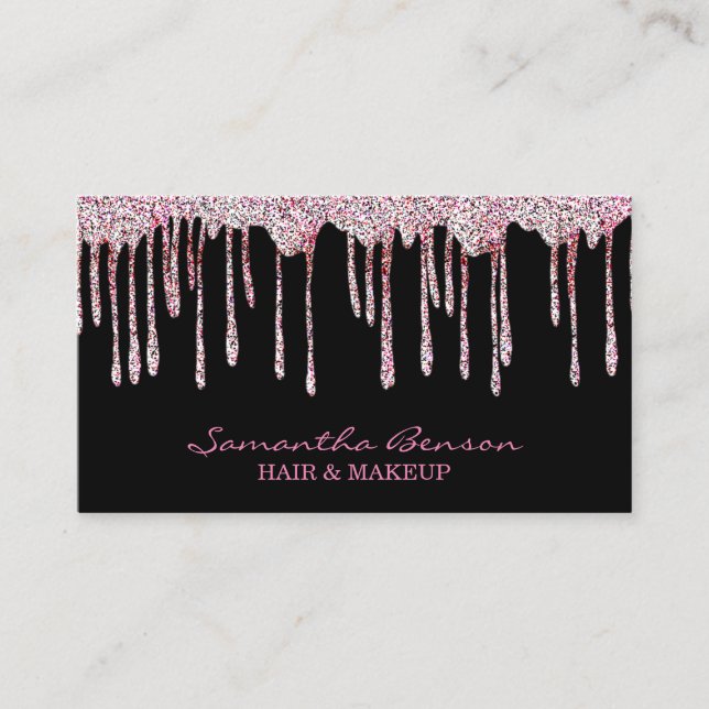 Elegant glam makeup hair blush pink glitter drips business card (Front)