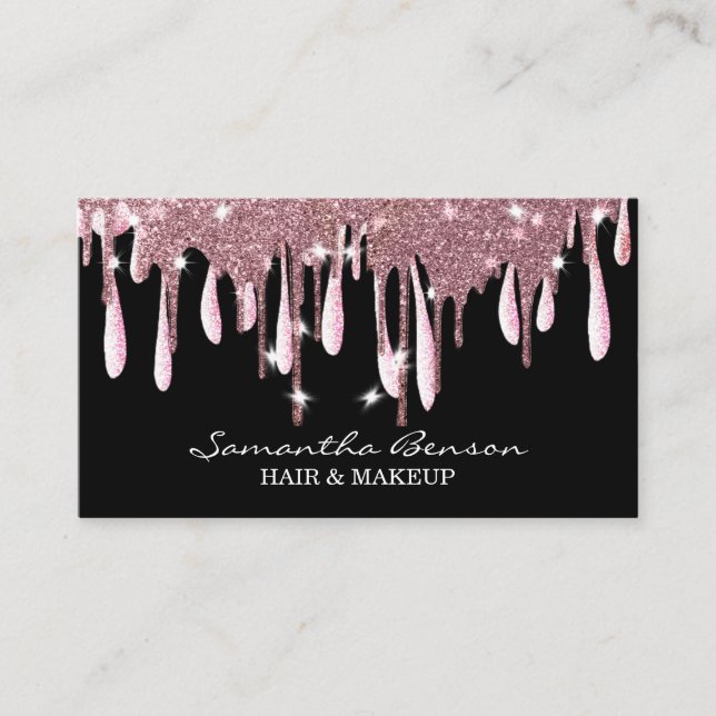 Elegant glam makeup hair blush pink glitter drips business card (Front)