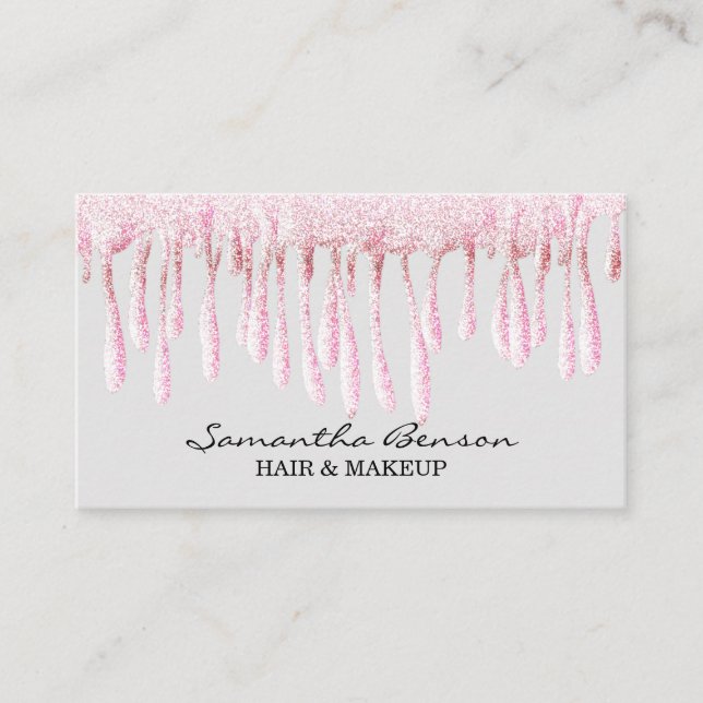 Elegant glam makeup hair blush pink glitter drips business card (Front)