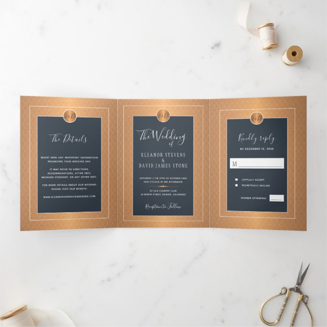 Elegant glam navy copper gold wedding invitation (Inside)