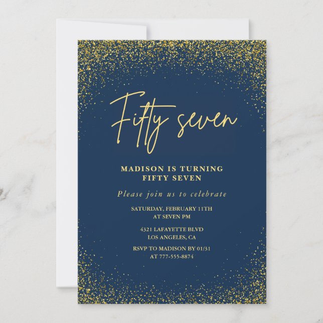 Elegant Glam Navy Gold Glitter 57th birthday Invitation (Front)