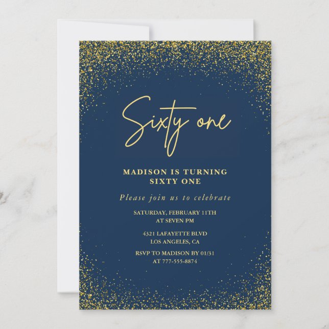 Elegant Glam Navy Gold Glitter 61st birthday Invitation (Front)