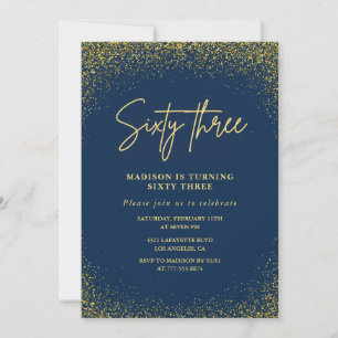 Elegant Glam Navy Gold Glitter 63rd birthday Invitation