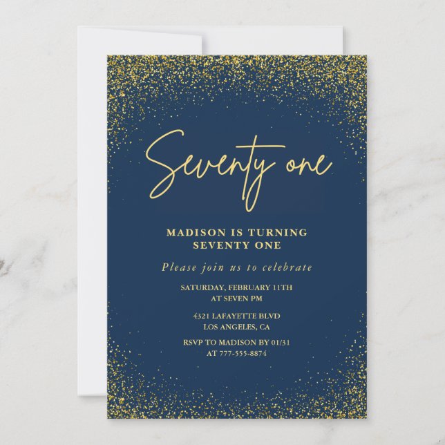 Elegant Glam Navy Gold Glitter 71st birthday Invitation (Front)