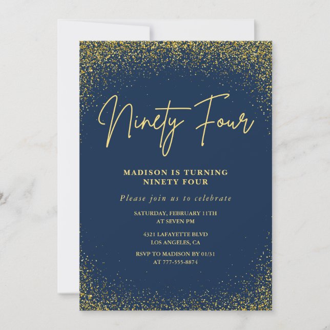 Elegant Glam Navy Gold Glitter 94th birthday Invitation (Front)