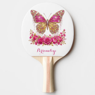 Elegant Glam Pink Butterfly & Rose Personalised Ping Pong Paddle