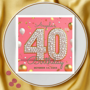 Elegant Glam Pink Gold and Pearls 40th Birthday Napkin