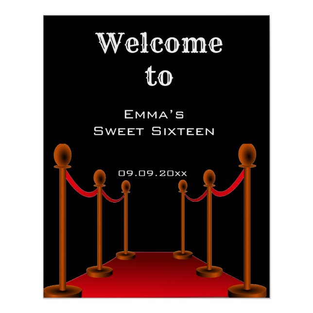 Elegant Glam Red Carpet Sweet 16 Birthday Welcome Poster (Front)