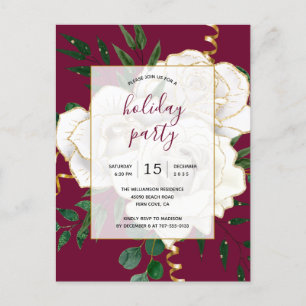 Elegant Glam Red Vintage White Roses Holiday Party Invitation Postcard