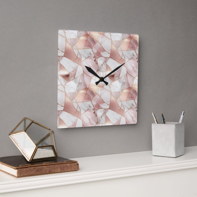 Elegant Glam Rose Gold Agate Marble Pattern  Square Wall Clock (Office)