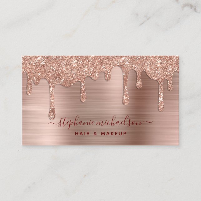 Elegant Glam Rose Gold Glitter Drip Hair Makeup Business Card (Front)