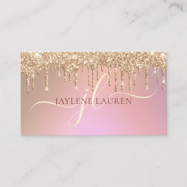 Elegant Glam Rose Gold Glitter Drips Monogram Business Card (Front)
