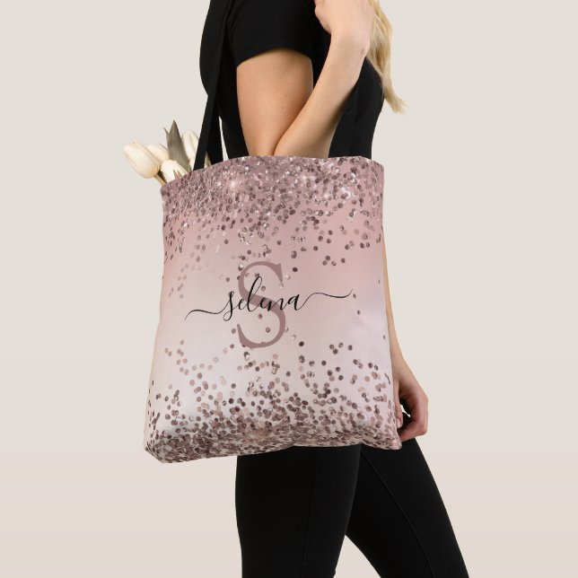 Elegant Glam Rose Gold Glitter Initials Monogram Tote Bag (Close Up)