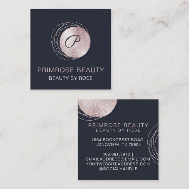 Elegant Glam Rose Gold Luxury Abstract Monogram Square Business Card (Front/Back)