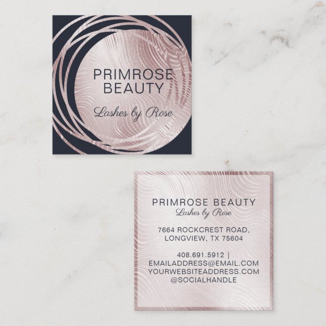 Elegant Glam Rose Gold & Navy Luxury Abstract Square Business Card (Front/Back)