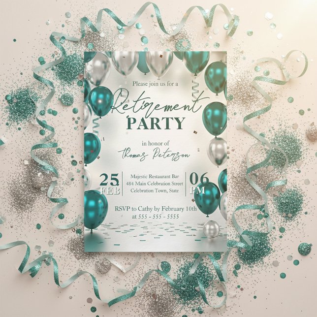 Elegant Glam Teal Silver Balloons Retirement Party Invitation (Creator Uploaded)