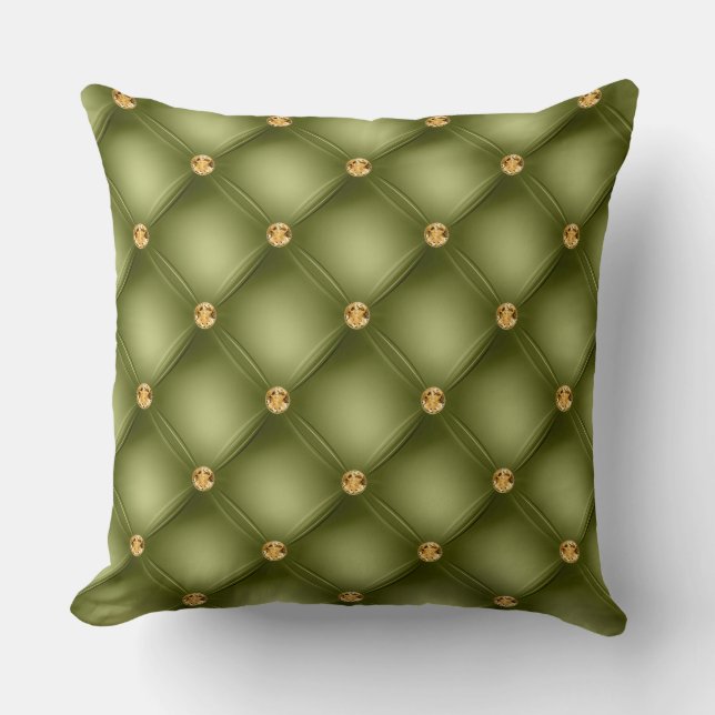 Elegant Glam Tufted Gold Diamond Olive Green Cushion (Front)