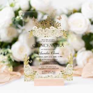 Elegant Glam White Floral Gold Tiara Quinceanera Acrylic Invitations