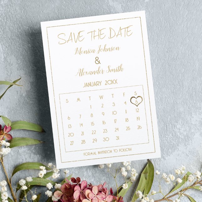Elegant Glam White Gold Calendar Save the Date  Announcement Postcard (Elegant Glam White Gold Calendar Save the Date )