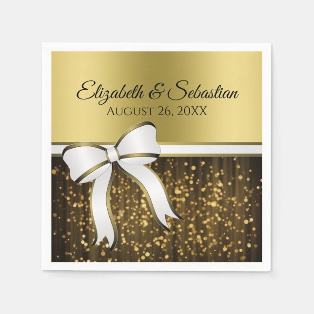 Elegant Glam White Ribbon & Gold Sparkles Wedding Napkin (Front)