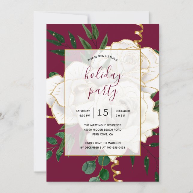 Elegant Glam White Vintage Roses Holiday Party Invitation (Front)