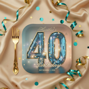 Elegant Glamorous Teal Crystal 40th Birthday Party Paper Plate