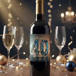 Elegant Glamorous Teal Gold Crystal 40th Birthday Wine Label