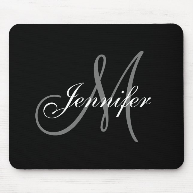 Elegant Glamour Black White Grey Monogram Name Mouse Mat (Front)