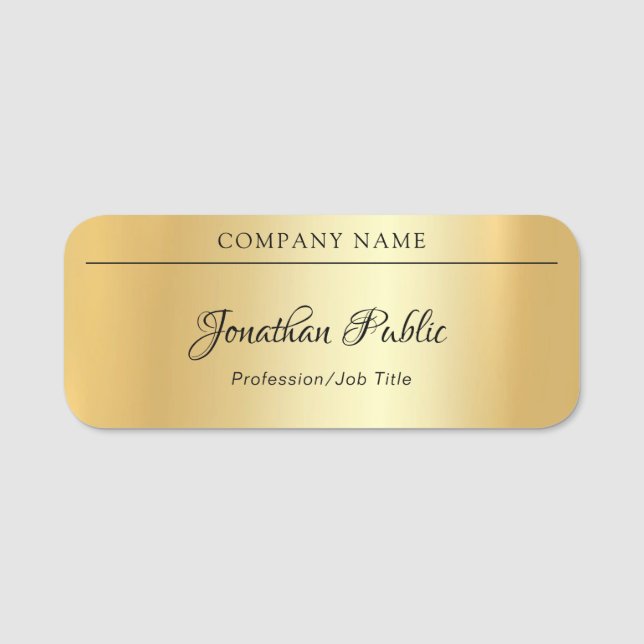 Elegant Glamour Gold Template Hand Script Text Name Tag (Front)
