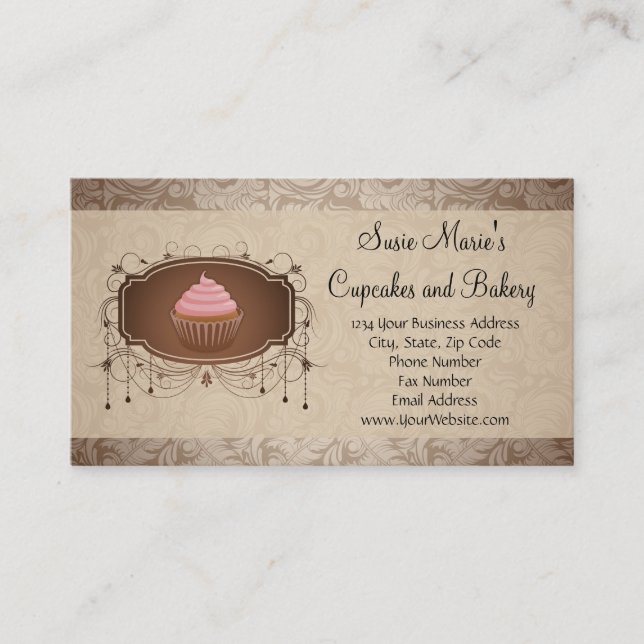 Elegant Glamour Mocha Damask Cupcake Business Card (Front)