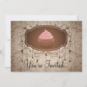 Elegant Glamour Mocha Damask Cupcake Design Invitation