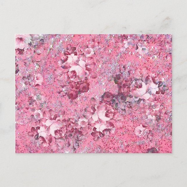Elegant Glamour Pink Roses Glitter Photo Print Postcard (Front)