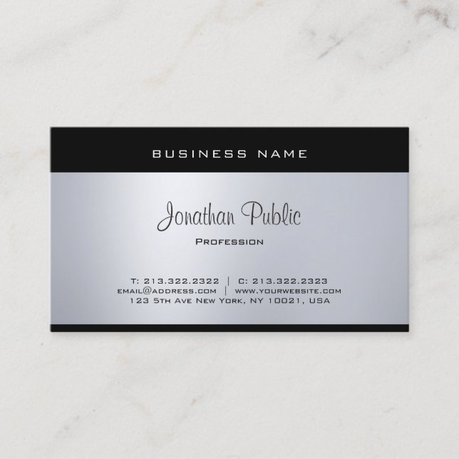 Elegant Glamour Silver Modern Hand Script Font Business Card (Front)