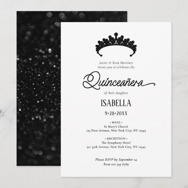 Elegant Glamourous Black & White Quinceañera Invitation (Front/Back)