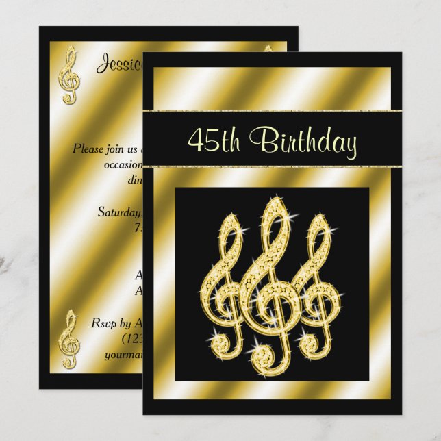 Elegant, Glamourous Gold Treble Clefs 45th Birthda Invitation (Front/Back)
