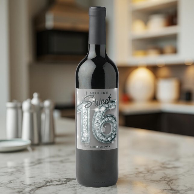 Elegant Glamourous Silver and Diamond Sweet 16 Wine Label (Creator Uploaded)
