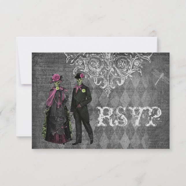 Elegant Glamourous Skeletons Halloween Party RSVP Card (Front)
