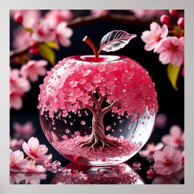 Elegant Glass Apple with Intricate Cherry Blossom Poster (Front)