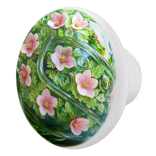 Elegant Glass Orb Pink Flowers Greenery Ceramic Knob