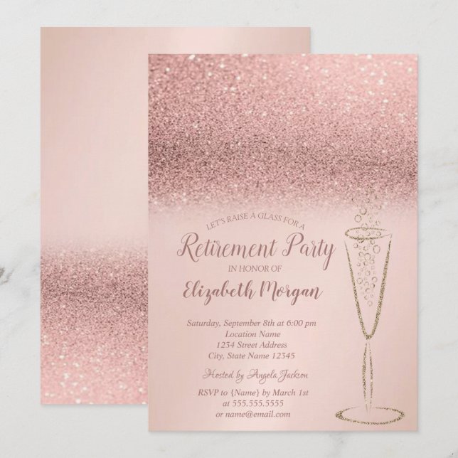 Elegant Glass Rose Gold Glitter Bokeh Retirement Invitation (Front/Back)