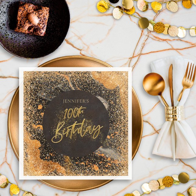 Elegant Glitter 100th Black and Gold Birthday Napkin (Creator Uploaded)