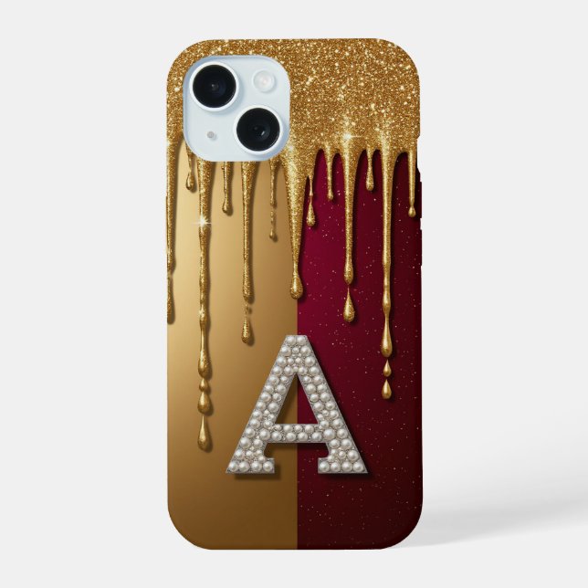 💎 Elegant Glitter A Monogram Dripping Liquid iPhone 15 Case (Back)