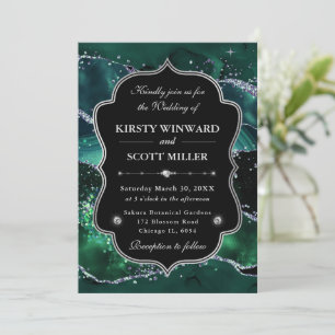 Elegant Glitter Agate Green & Silver Wedding Invitation
