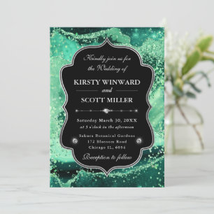 Elegant Glitter Agate Green & Silver Wedding Invitation