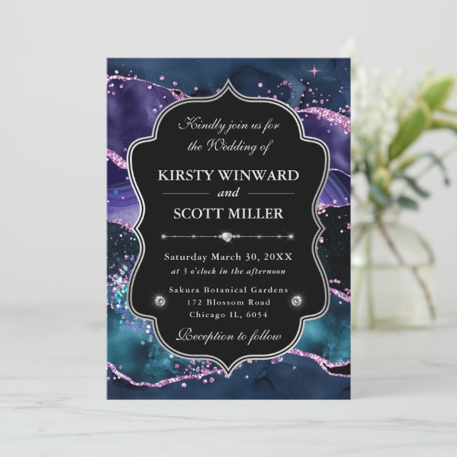 Elegant Glitter Agate Pink & Purple Wedding Invitation (Standing Front)
