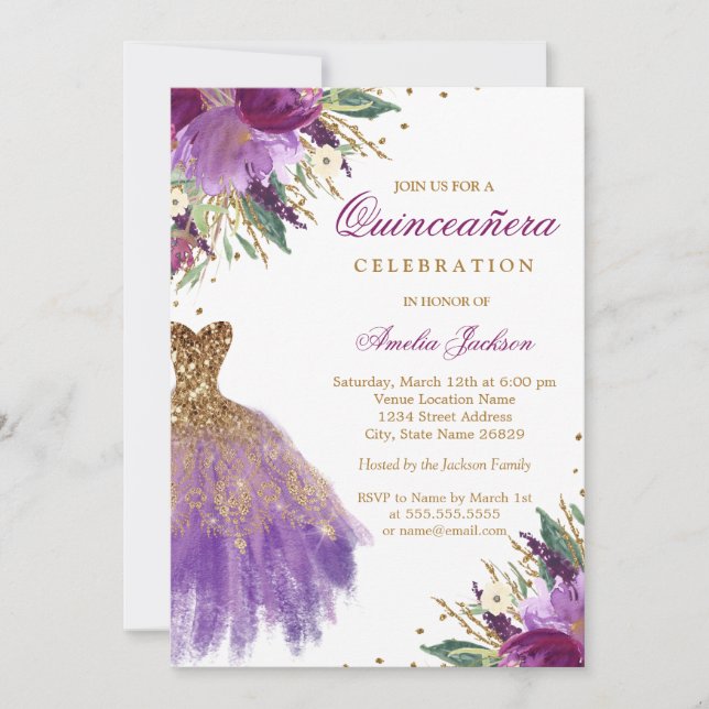 Elegant Glitter Amethyst Dress Quinceanera Invitation (Front)